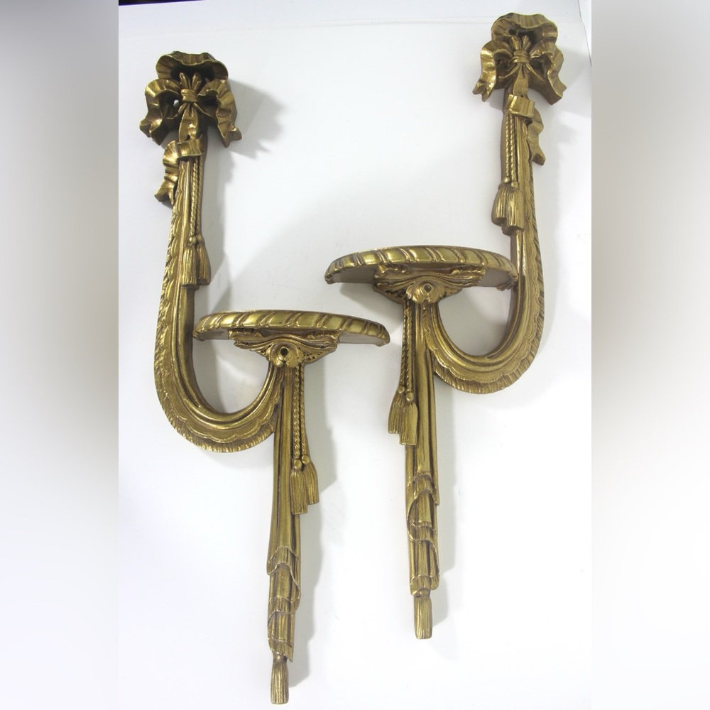 Pair of Italian Florentine style Gilt Wood Wall Shelf Sconces with Ribbon Bows